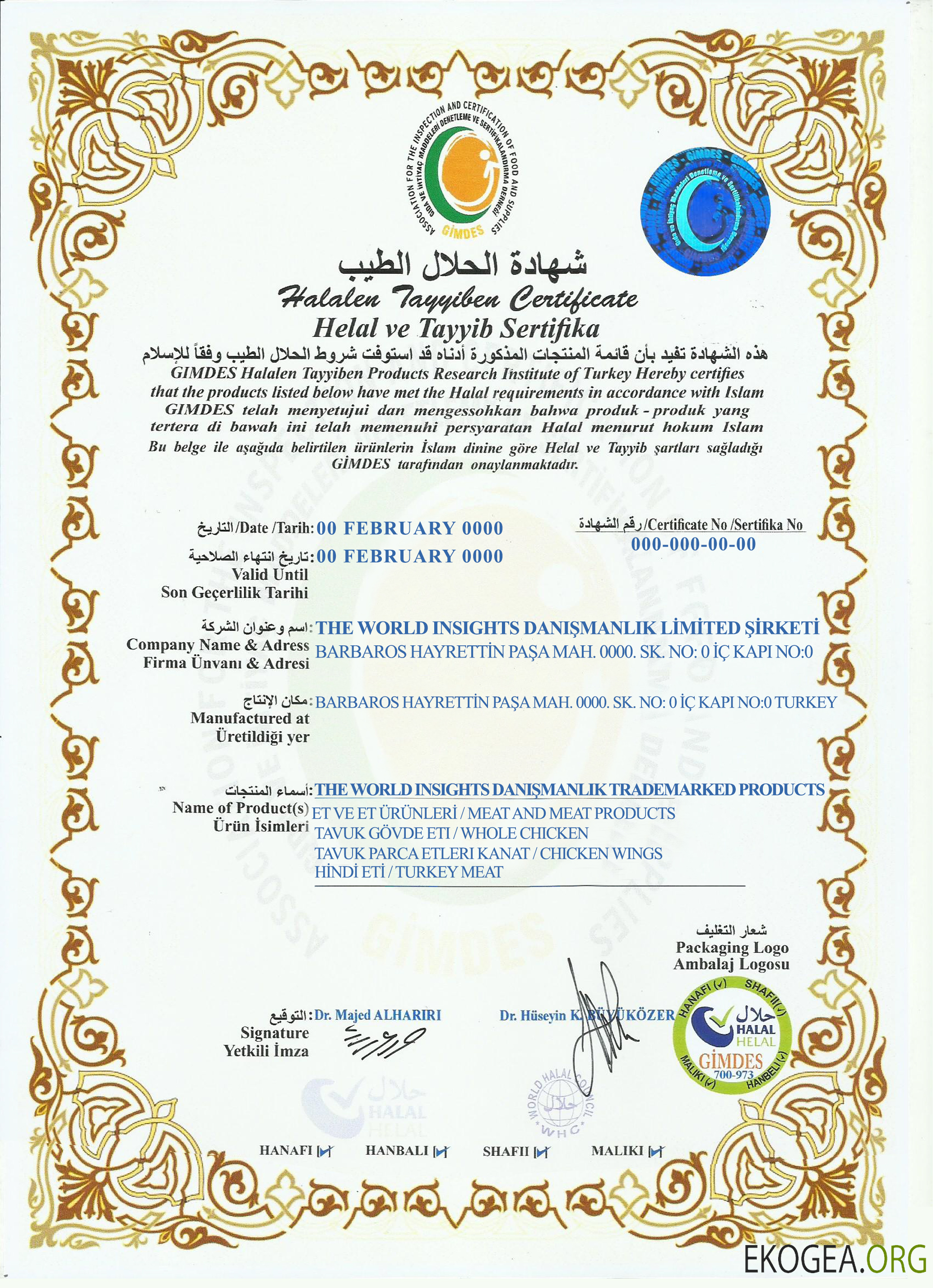 Échantillon PSD du certificat Halalen Tayyiben de Turquie